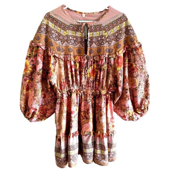 Gypsy Boho Mini Dress Champagne and Pink Cotton Tiered Balloon Sleeves - M/L - Picture 2 of 10